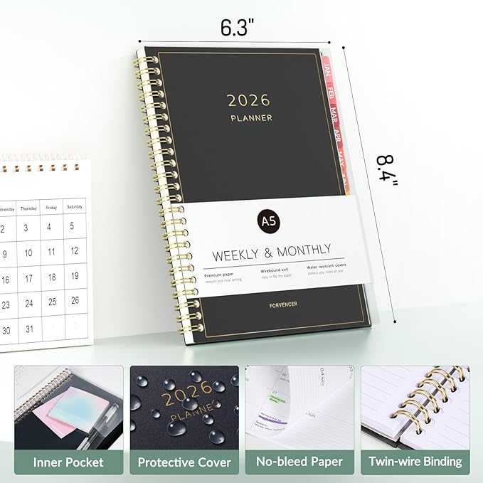 2026 Planner, Forvencer Calendar Planner Weekly and Monthly (Jan 2026-Dec 2026), 6" X 8", Agenda Book, Daily Journal Notebook with Tabs, Flexible Cover, Home School Organizer, A5, Pink
