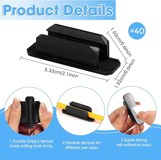 VZZNN 40 Pack Adhesive Pencil Holders for Desk - Reusable Silicone Pen Grips for Desk Organization, Wall, Clipboard, Office & Teacher Supplies with Strong Sticky Pads