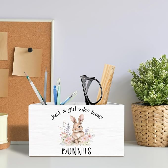 Floral Bunny Pen Holder for Desk, Rabbit Bunny Lovers Gifts Pencil Organizer, Just a Girl Who Loves Bunnies Wooden Box Sign Desk Decor for Home Office Decoration