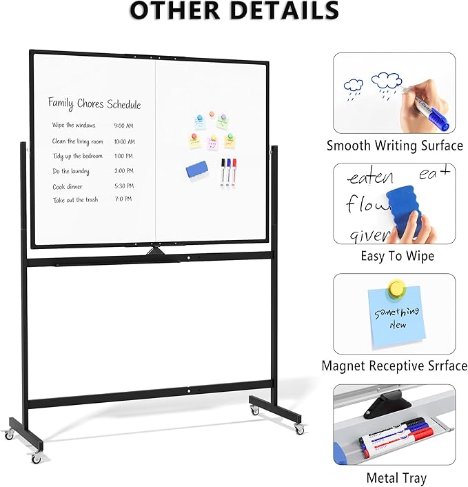Large Rolling Whiteboard on Wheels, 48" x 36" Double-Sided Mobile White Board with Stand, 4' x 3' Portable Standing Magnetic Dry Erase Board Easel for Home Office Classroom School, Black