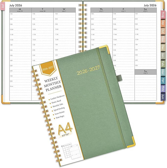 2026-2027 Appointment Book, Academic Weekly and Monthly Calendar Planner from July 2026 - June 2027, A4 8.5" x 11" Hardcover Leather Hourly Daily Planners with Tabs, College School Organizer for Student Teacher, Green