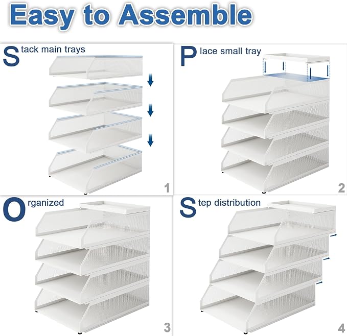 Natwind 4-Tier Stackable Paper Tray, Metal Mesh Desktop Organizer, Paper Sorter, Letter Trays,File Document Storage Rack for for Home, Office, School (White)