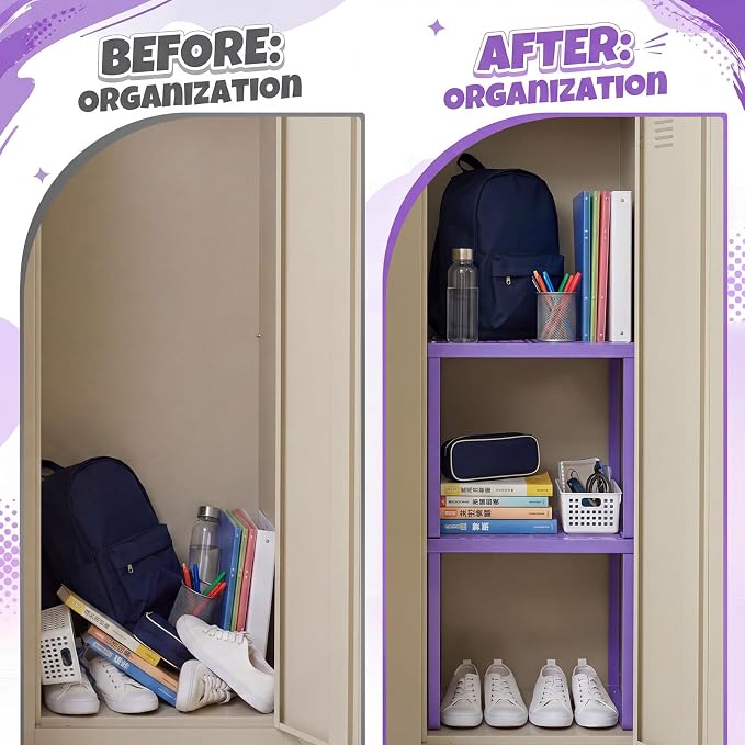 Colarr 2 Pcs Locker Organizer Shelf Stackable 2-Tier Shelves Fits Standard Size School Lockers Heavy Duty Metal Locker Shelf for School Office Gym Lockers Home Storage 11x 10 x 12 Inch(Purple)