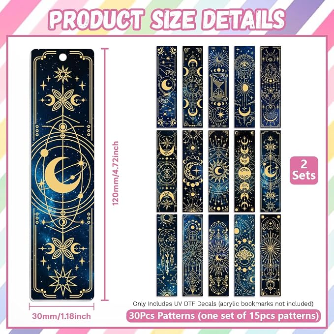 Peacoblue 30pcs UV DTF Bookmarks Transfer Stickers Wraps Starry Sky for Women Men Reading, Waterproof Bookmarkers Decal(No Blank Bookmarks) for Acrylic Plastic Metal Blank Bookmark