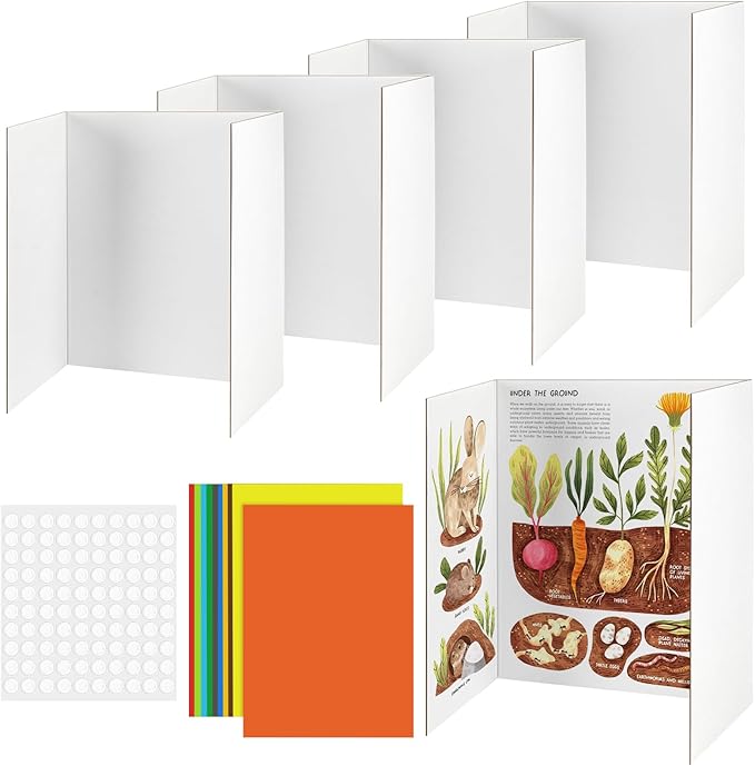 4 Pcs Trifold Poster Board, White Presentation Board Comes with Cardstock & Sticky Dots, Corrugated Display Board for School exhibitions, Business Presentations, 26 x 17 in