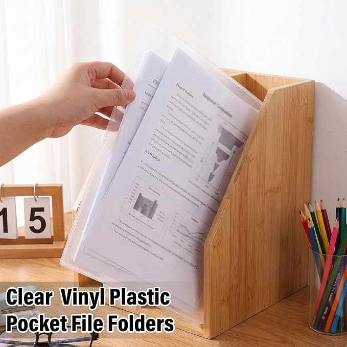 Kisston 25 Pack Heavy Duty Vinyl Plastic Folders with Clear Front Pocket File Jackets, Three Sided Closed, Letter Size Plastic Folders for Documents, 11.75 x 9.25 Inch (Clear)