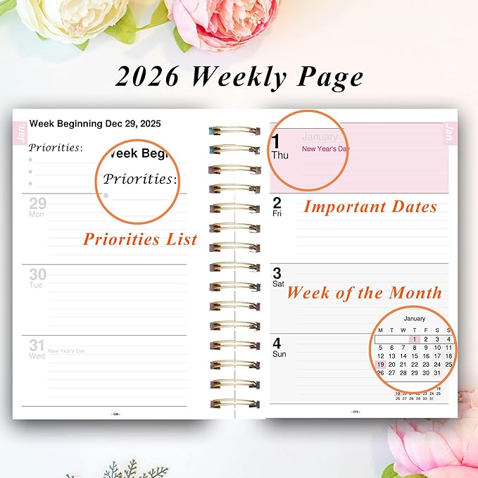 2026 Weekly and Monthly Planner, From January 2026 to December 2026, 5.5" x 8.5" Daily Planner for Productivity, Goal Setting & Time Management, Organizer for Work & School - Orange Hard Cover