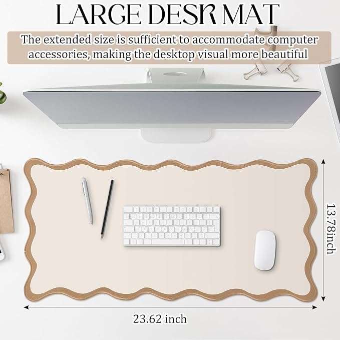Hahafelt Scalloped Desk Mat Large Desk Pad Cute Coquette Table Mat Back to School Preppy Table Make up Pad Nonslip Graduation Gift with Stitching Waterproof Gaming(Beige,23.6 x 13.8 Inches)