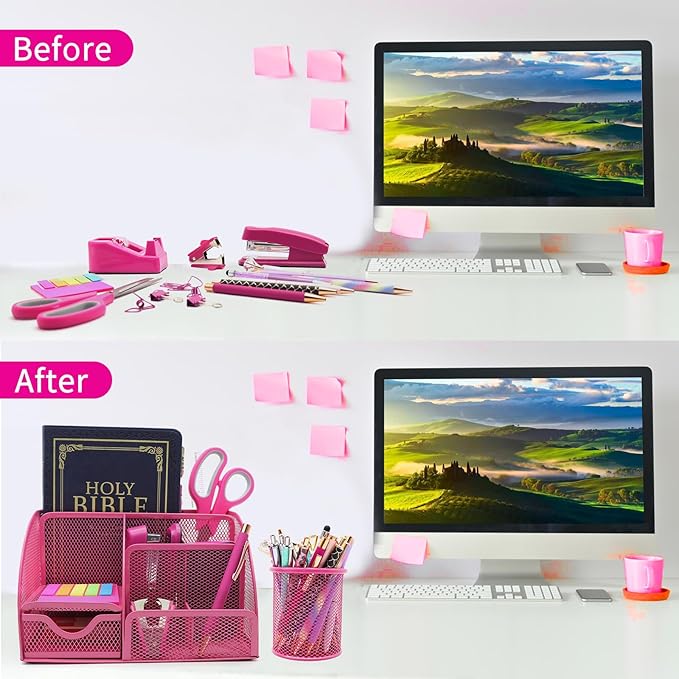 12 in 1 Hot Pink Desk Organizers and Accessories Set, Gifts for Coworkers Women, Office Supplies Stapler Pen Holder Tape Holder Staples Scissors Ruler Staple Remover