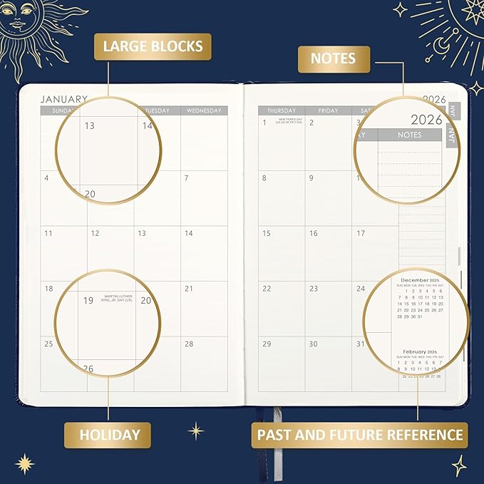 2026 Planner - Planner 2026, Jan. 2026 - Dec. 2026, 5.75" x 8.25", 2026 Weekly and Monthly Planner, Faux Leather planner 2026 with Back Pocket & 40 Notes Pages - Mystic Blue