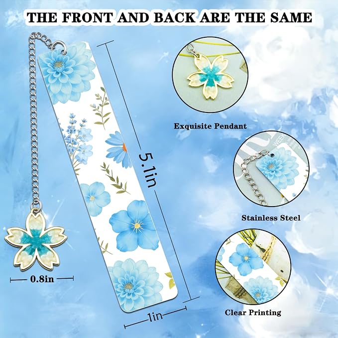 Cute Flower Bookmark Metal Bookmarks Book Marks for Reading Women Kids Bookmarks for Book Lovers Book Markers for Women Reading Accessories (Blue Flower)