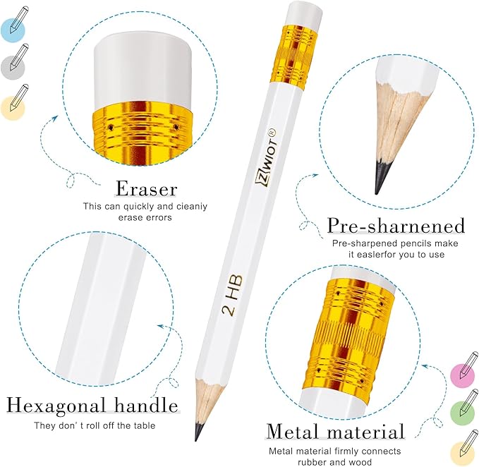 ZWlOT Golf Pencils with Eraser, #2 HB Half,4" Mini,Pre-Sharpened,120/200/320 Count Pencils Wood Cased Short for Classroom, Office, School, Wedding and Party Game(White-200pcs)