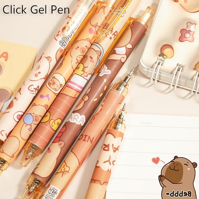12 Pcs Cartoon Retractable Gel Ink Pens, 0.5mm Fine Tip Black Ink Cute Capybara Pen Set, Ideal for Office, School, Women & Men (Black Ink - Capybara)