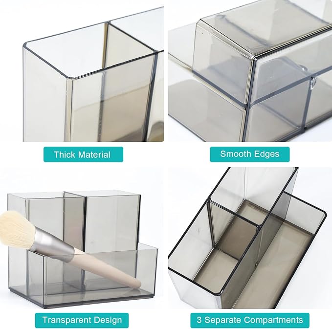 SAYEEC 2 Pack Acrylic Pencil Pen Holder Magnetic Dry Erase Marker Holder with 4 Magnet Sheets 3 Compartment Clear Grey Makeup Brush Organizer Desk Cup Caddy for Fridge Whiteboard Locker Office School