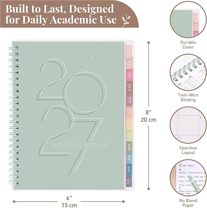 Rileys Academic Planner 2026-2027, Daily, Weekly & Monthly Planner, July 2026 - June 2027, Student Notes Pages, Twin-Wire Binding, Weekly Agenda for School & Work (8 x 6-Inches, Deco, Green)