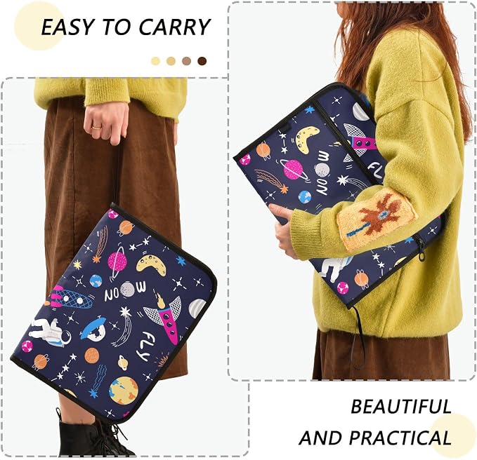 Space Rocket Astronaut Planet File Folders,Plastic Folders with 13 Pockets,Expandable File Folder for Documents School Students Office,Aesthetic Folder with Labels A4 Letter Size