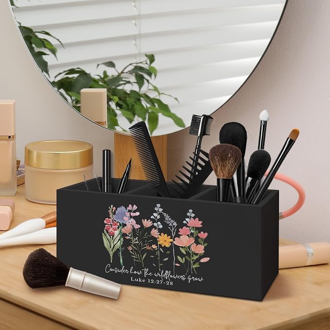 Floral Christian Wooden Pen Pencil Holder for Desk Accessories, Consider How the Wildflowers Grow Bible Verse Wildflowers Wood Makeup Brush Toothbrush Holder Organizer for Vanity Bathroom