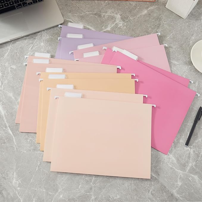 12 Pack Hanging File Folders Letter Size, Reinforced Folders with 1/5-Cut Adjustable Tabs for Filing Cabinet, Durable School & Office File Organizer, Pink Design