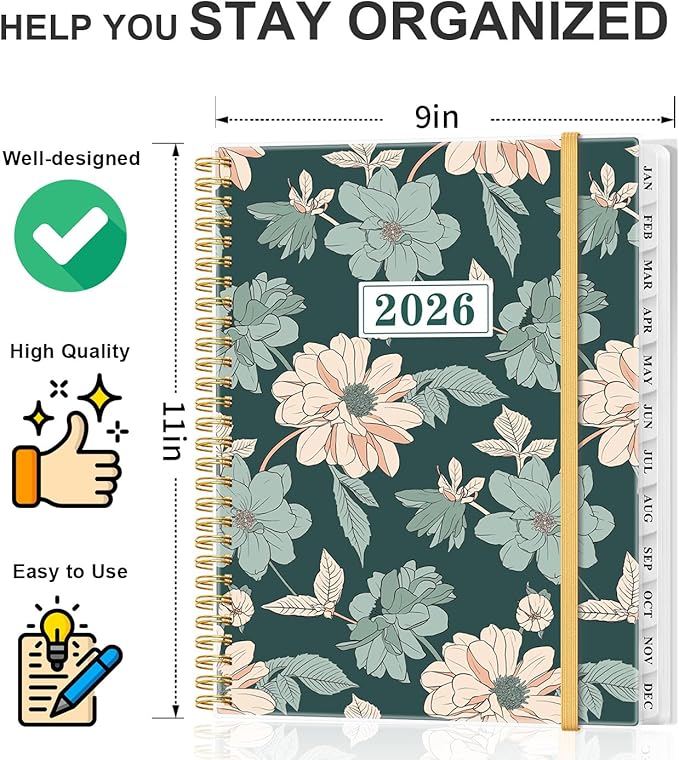 2026 Planner - Weekly and Monthly Planner from Jan 2026 - Dec 2026, Spiral Planning 2026 with 12-Month Tabs, Inner Pocket, 8.5" x 11", Green Flower