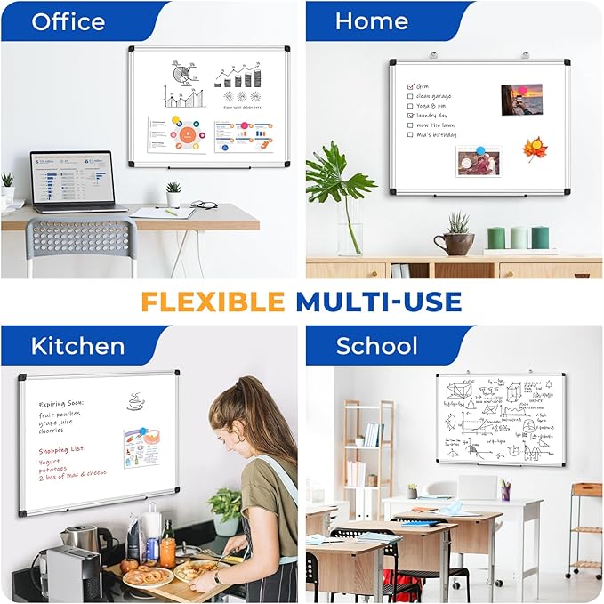 WALGLASS Double Sided White Board Dry Erase, 24''x18'' Small Magnetic Whiteboard for Wall with Aluminum Frame, Hanging Wall Mount Board for Home Office School Kitchen