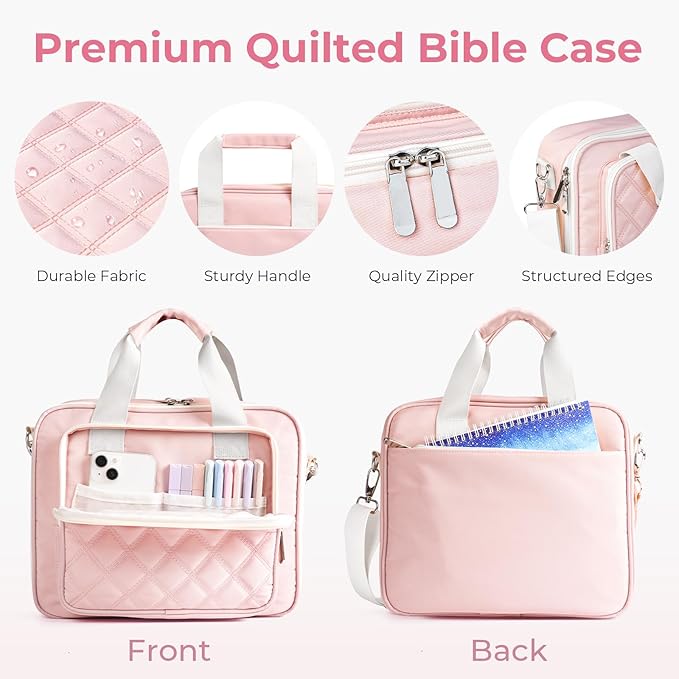 Nicpro Large Bible Bag with Bible Cover Case for Women, Church Bag with Shoulder Strap,Quilted Cover for Bible Study Supplies Journaling Kit with Tabs Notes Highlighters Pens Christian Gifts for Women