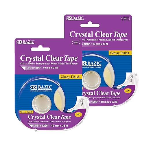 BAZIC PRODUCTS Crystal Clear Tape with Dispenser 3/4" X 1296"– for Home, Office, and School Use; Transparent Tape with Glossy Finish, Ideal for Crafts, & Gift Wrapping, 2-Pack