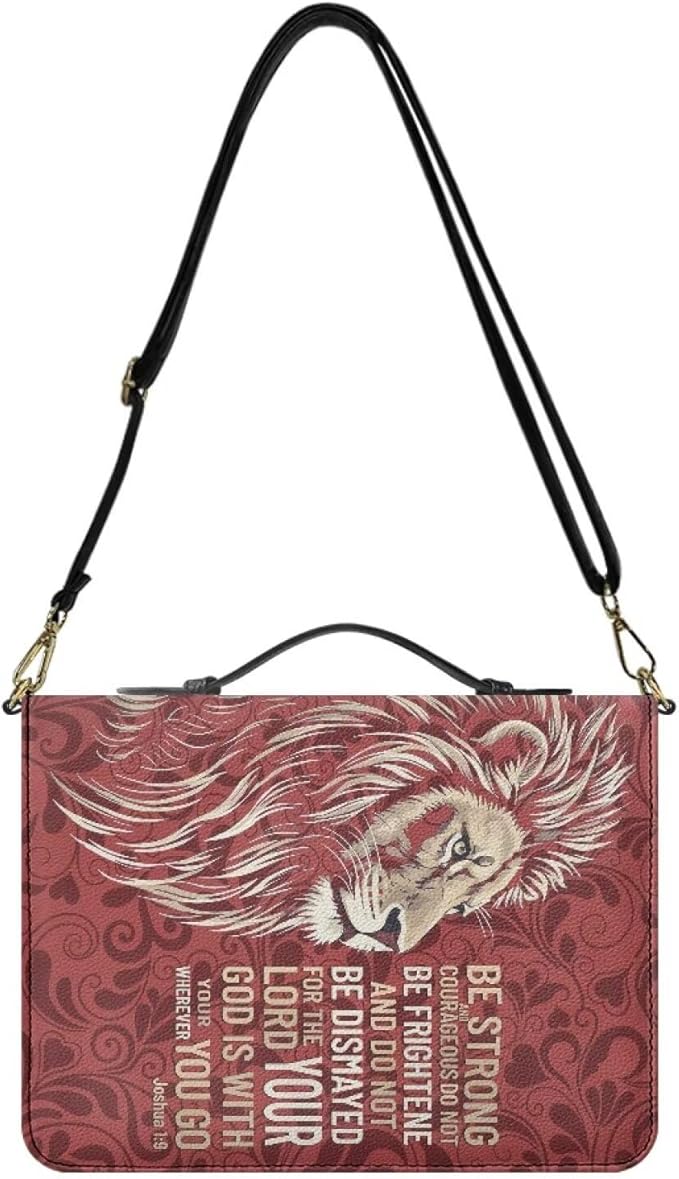 2XL Bible Bags for Women, Red Bible Purse with Strap and Handle, Lion Print Joshua 1:9 Faux Leather Book Holder with Inner Pockets and Pen Loop, Biblia Accessories for Men