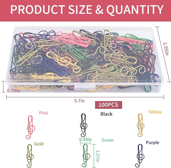 Vuzvuv 100Pcs Music Paper Clips 6 Colors, Cute Metal Musical Notes Shaped Bookmark Clips for Party Invitation Card, Cute Office Accessories for Document Organization,Funny Music Teacher Student Gifts