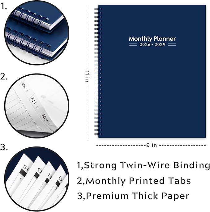 2026-2029 Monthly Planner - 3 Year Monthly Planner 2026-2029, Jul 2026 - Jun 2029, 9" x 11", 3 Year Calendar 2027-2028-2029 Monthly Planner with Tabs - Navy Blue