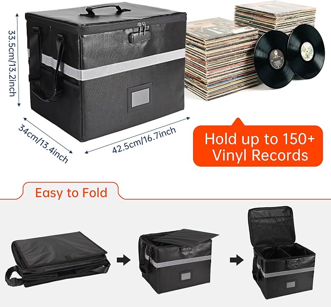 MEBRUDY Vinyl Record Storage Box with Lock, Fireproof & Water Resistant Album Storage for 150+ Records 12 inch, LP Storage Case with Adjustable Handle for Collectors, 16.7" x 13" x 13"