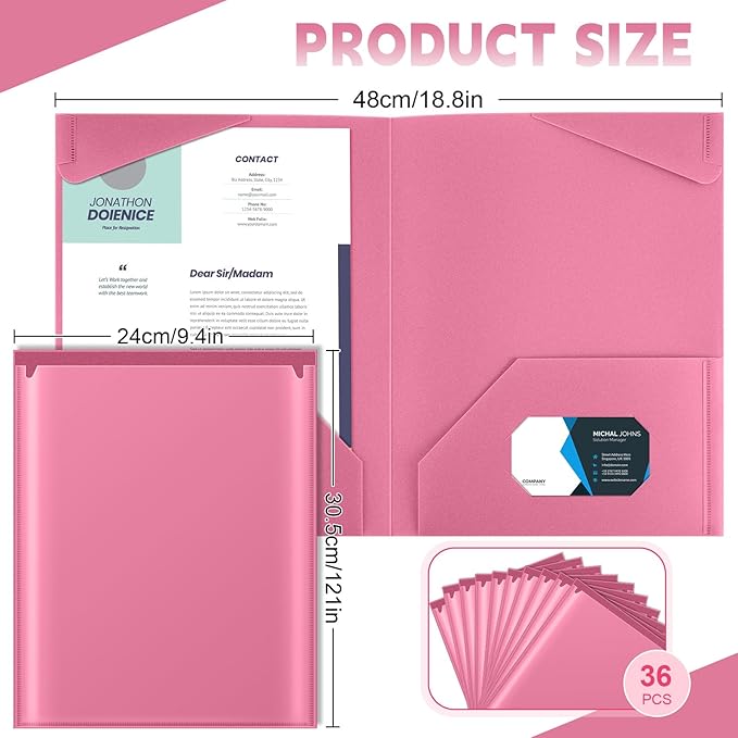 Henoyso 36 Pack Pink Plastic Folders with Clear Front Pockets Heavy Duty File Folders with 2 Pockets and Card Slot for Student Communication School Office Presentation Report