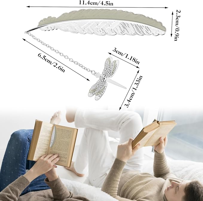 Jeffdad Feather Metal Bookmark with 3D Dragonfly Pendant, Glow in The Dark Butterfly, Fantasy Gifts for Women Girls, Cool Bookmarks for Book Lovers (Silver Dragonfly)