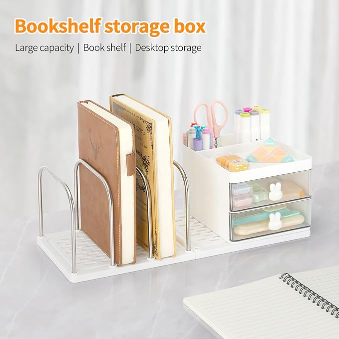 LETURE Desk Organizer with 2 Drawer, Pen Pencil Mail File Holder for Desk with Detachable Bookend, Stationery Accessories Storage Box for Office Supplies, Makeup, Jewelry for Home, Office (White)