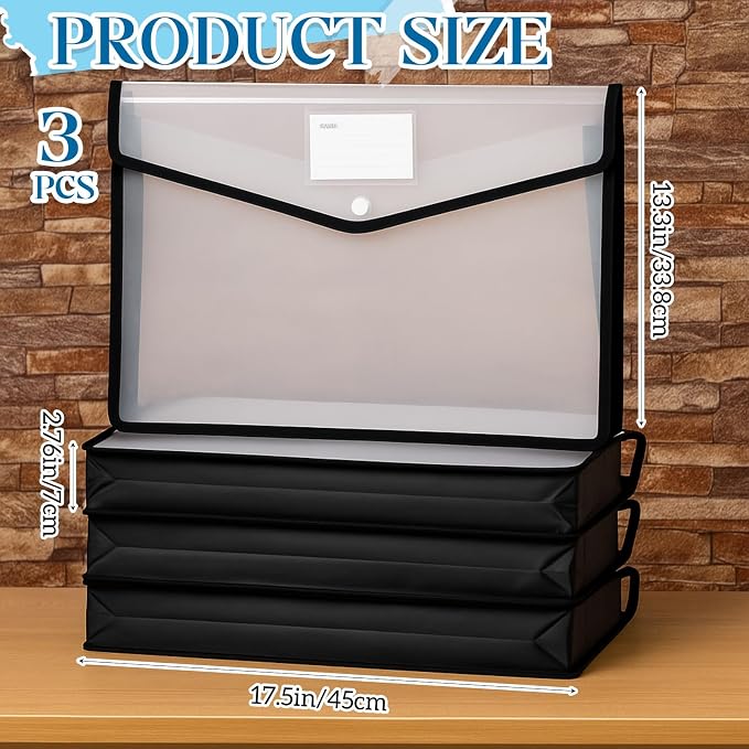AmazingSpark 3 Pcs 11 x 17 Inch Expandable Tabloid Size Document Folder Organizers with Snap Closure & Label, Clear Plastic Expanding File Folder for A3 Ledger Size Plots Charts (Black)