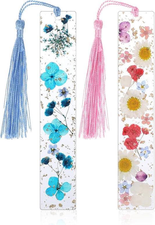 2PCS Transparent Dried Flower Bookmarks, Bookmarks for Women Handmade Dried Flower, Resin Bookmark with Tassels Cute Acrylic Bookmark Blanks Clear Planner Accessories, Blue Pink Pretty and Aesthetic