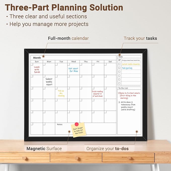 Dry Erase Calendar Whiteboard for Wall, 36x24 Inches Monthly White Board with White Wooden Frame, Hanging Magnetic Wall Calendar Board for Home Office School Kitchen Dorm