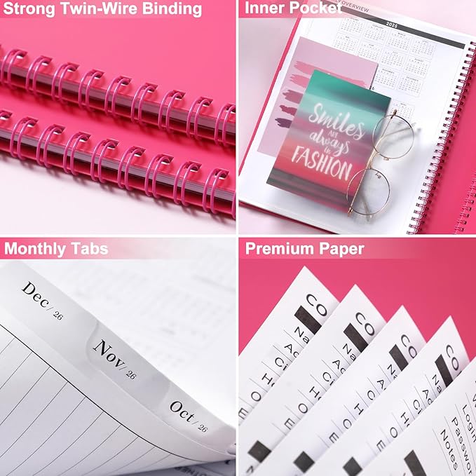 2026-2027 Monthly Planner - JUL 2026 - DEC 2027 Monthly Planner/Calendar 2026, 18 Month Planners with Tabs & Pocket & Label, Contacts and Passwords, 9" x 11", Thick Paper, Twin-Wire Binding - Rose Red