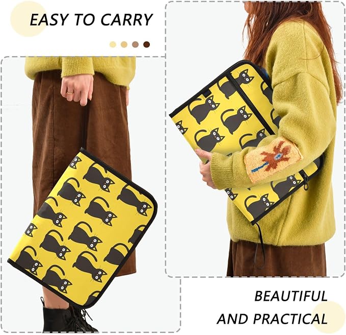 Black Cats Yellow File Folders,Plastic Folders with 13 Pockets,Expandable File Folder for Documents School Students Office,Aesthetic Folder with Labels A4 Letter Size