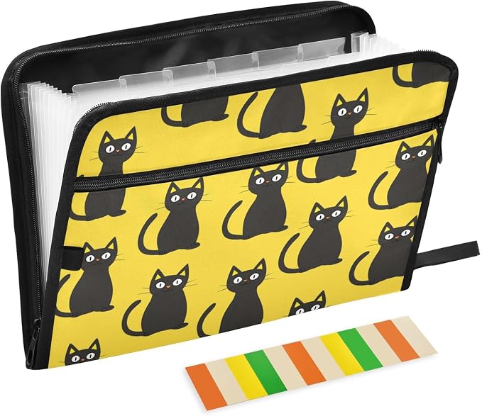 Black Cats Yellow File Folders,Plastic Folders with 13 Pockets,Expandable File Folder for Documents School Students Office,Aesthetic Folder with Labels A4 Letter Size