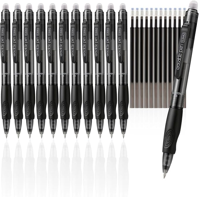 EUSOAR Black Erasable Pens, Pack of 12 Black Ink Clicker Pen + 12 Refills, Fine Point (0.5mm) Gel Erasable Pens Smooth Writing for Sketching Note Taking Planner Crossword Puzzles