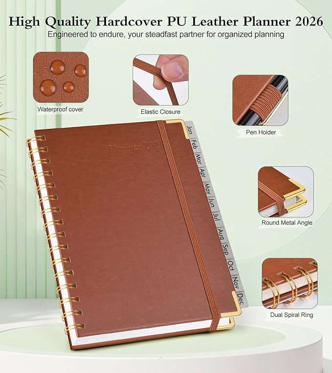 2026 Planner, Hardcover Leather Weekly and Monthly Planner, January 2026 - December 2026, Spiral Yearly Agenda Organizer Book 2026 with Tabs, Daily Calendar Planners for School Work Home, A5 (5.75" x 8.38"), Brown