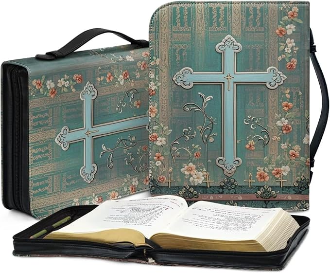 PU Bible Case, Bible Cover for Women Men,Bible Covers with Leather Bookmark Set,Bible Carrying Case,Christian Gift,Boho Flowers and Cross,Small