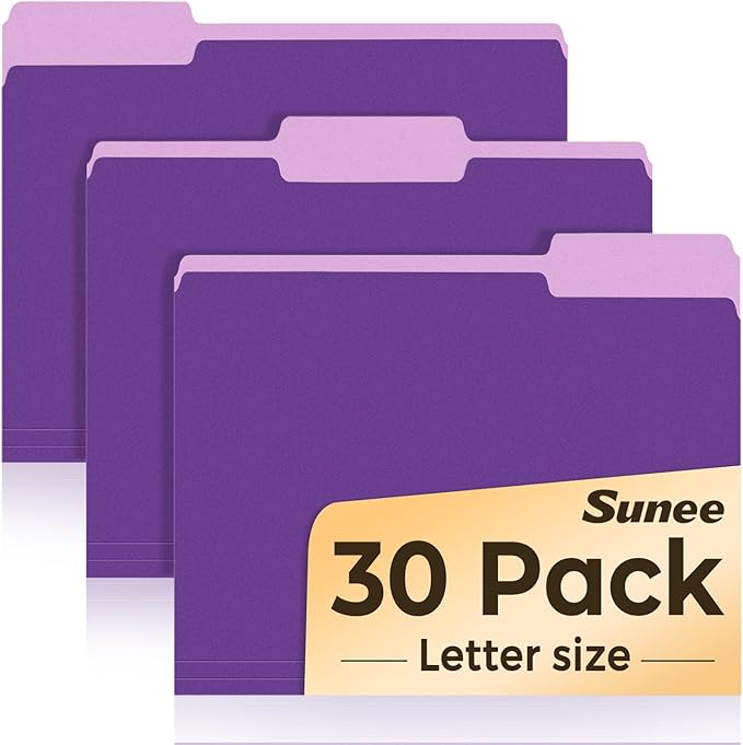 SUNEE File Folders, 30 Pack Manilla Folders 8.5 x 11, Colored File Folders Home Office School Supplies for Documents Files Paper, Purple