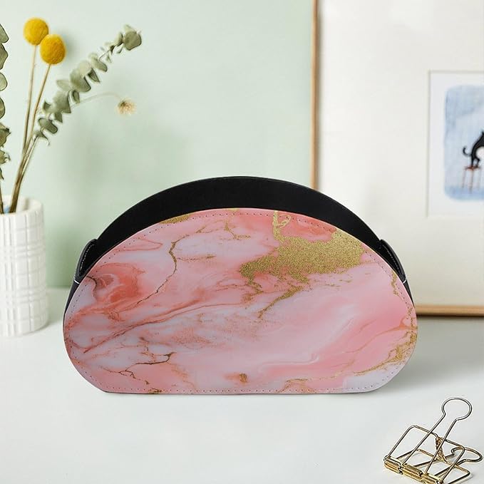 Pink And Gold Marble Pattern Remote Control Holder with 5 Compartments Leather TV Remote Caddy Remote Storage Box Desktop Organizer for Pen/TV Remotes/Media Controllers/Office Supplies