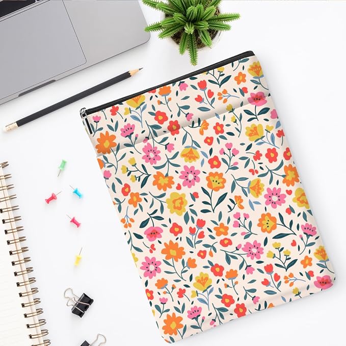 jeilink Book Sleeve Book Protector Book Pouch Book Lovers Gifts Bookish Gifts Book Cover with Zipper for Hardcover Paperback Washable Wildfloral Printed Gift Bag for Women Teacher Birthday, BookCover