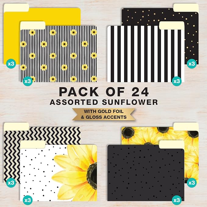 Global Printed Products Deluxe Designer Printed File Folders, 1/3 Cut Tab, Assorted Positions, Letter Size, 24/pk (Sunflower)