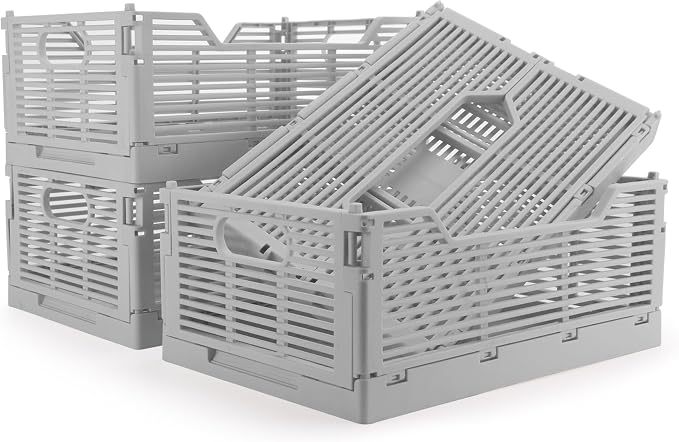 4-Pack Plastic Crates for Storage, Collapsible Storage Crates Stackable, Space-Saving Foldable Crate for Home Kitchen Classroom Office Bedroom Bathroom (12''x8.07''x4.92'', Gray)