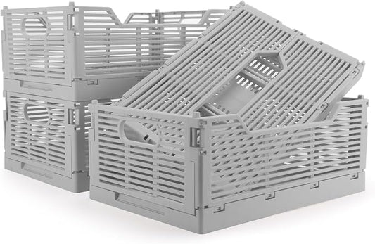 4-Pack Plastic Crates for Storage, Collapsible Storage Crates Stackable, Space-Saving Foldable Crate for Home Kitchen Classroom Office Bedroom Bathroom (12''x8.07''x4.92'', Gray)