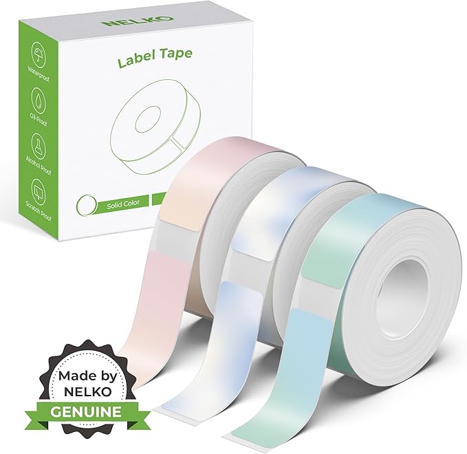 NELKO P21 Genuine Adhesive Green/Blue/Pink Paper 14x40mm (0.55inx1.57in) 180 Labels/Roll, 3 Roll, for Home Office School Organization, Gift for Decoration, Compatible with P21 Label Maker