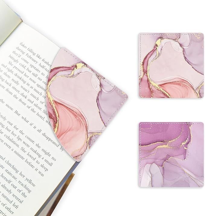 2 Pack Leather Pink Marble Book Corner Bookmark, Durable Handmade Reading Accessories - Gifts for Readers, Women, Men, Teachers, Students